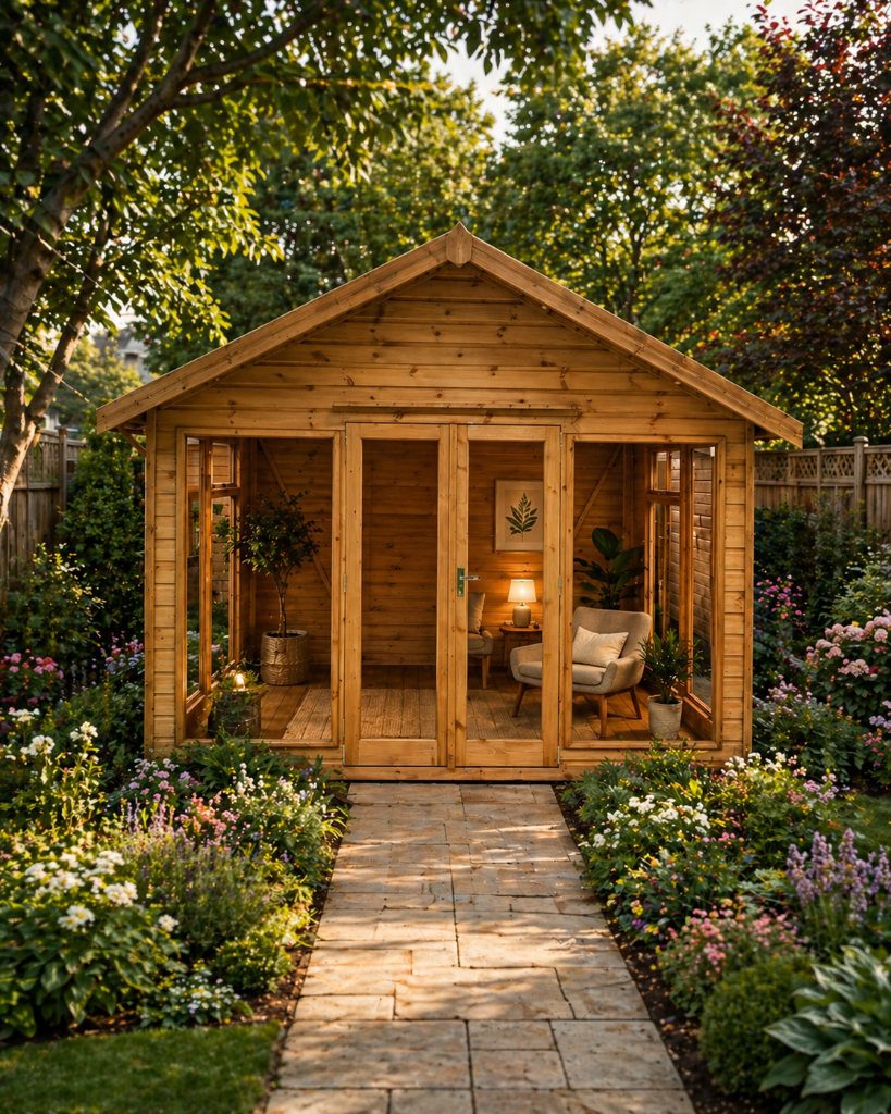 The London premium shed - front view in garden