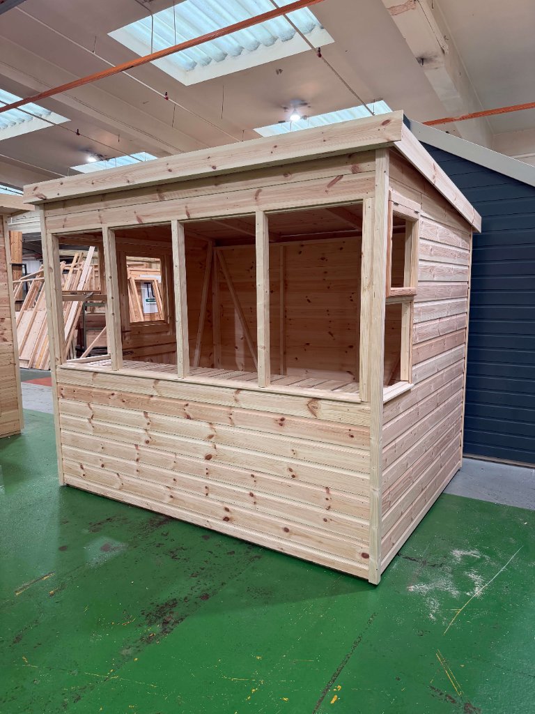 The Bath sun pent shed - three-quarter view in factory