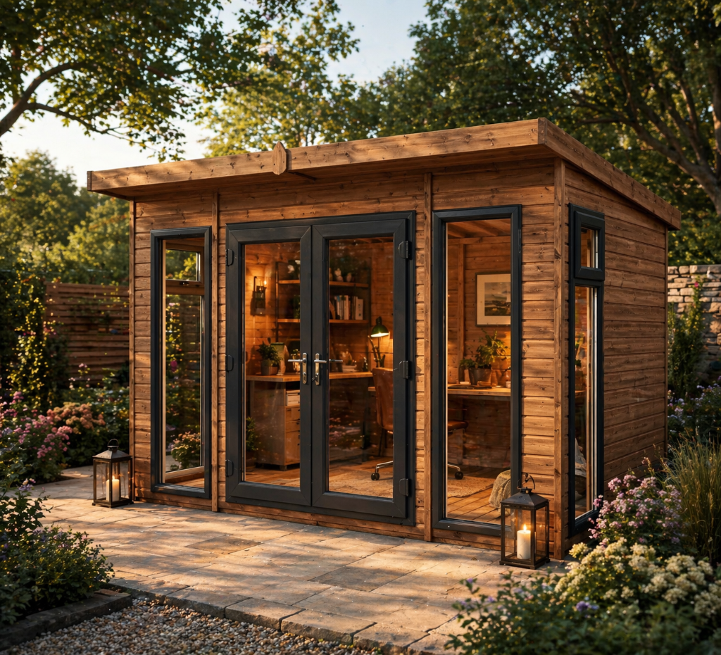 The Cambridge premium timber summerhouse installed in a garden setting