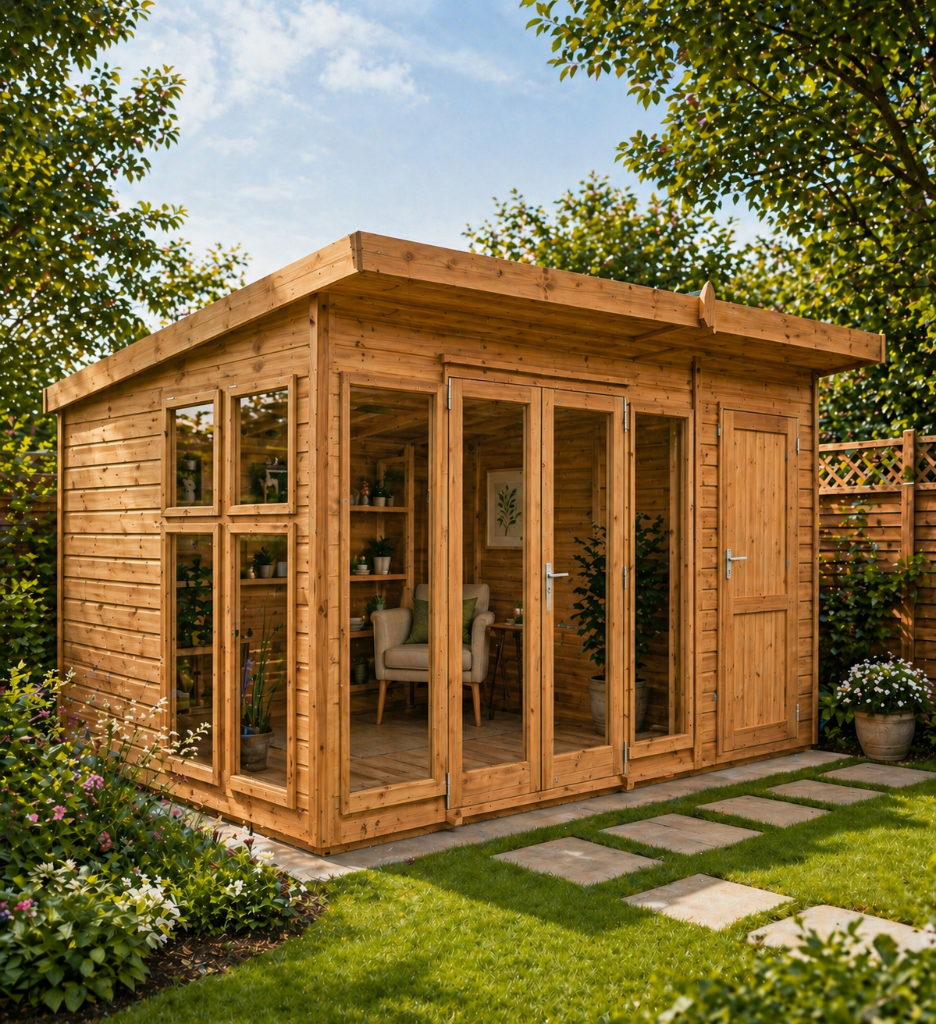 The Sussex pent combination shed - front view in garden