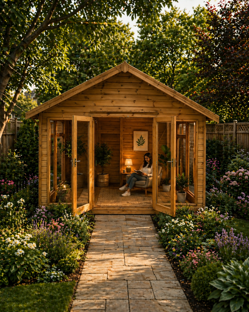 The London premium shed - doors open with reading nook interior