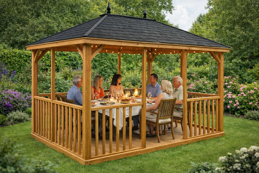 The Oxford painted bandstand summerhouse - evening dining scene in garden