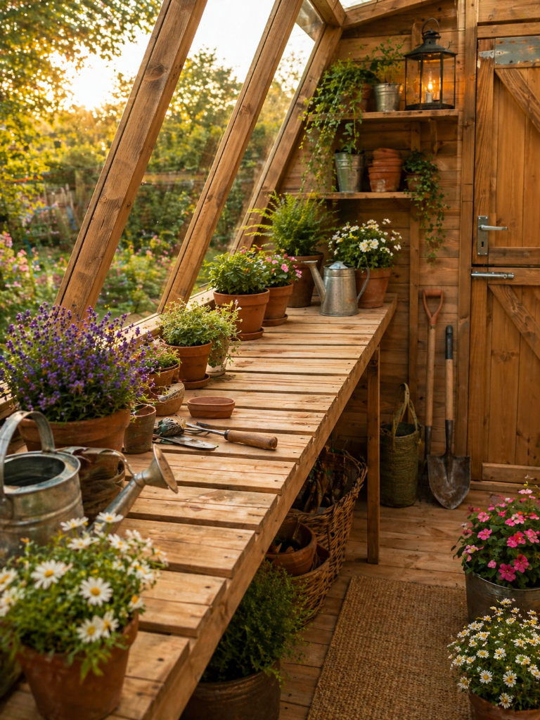 The Glastonbury glazed potting shed - interior potting bench