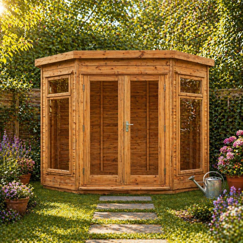 The Devon corner summerhouse - front view in garden