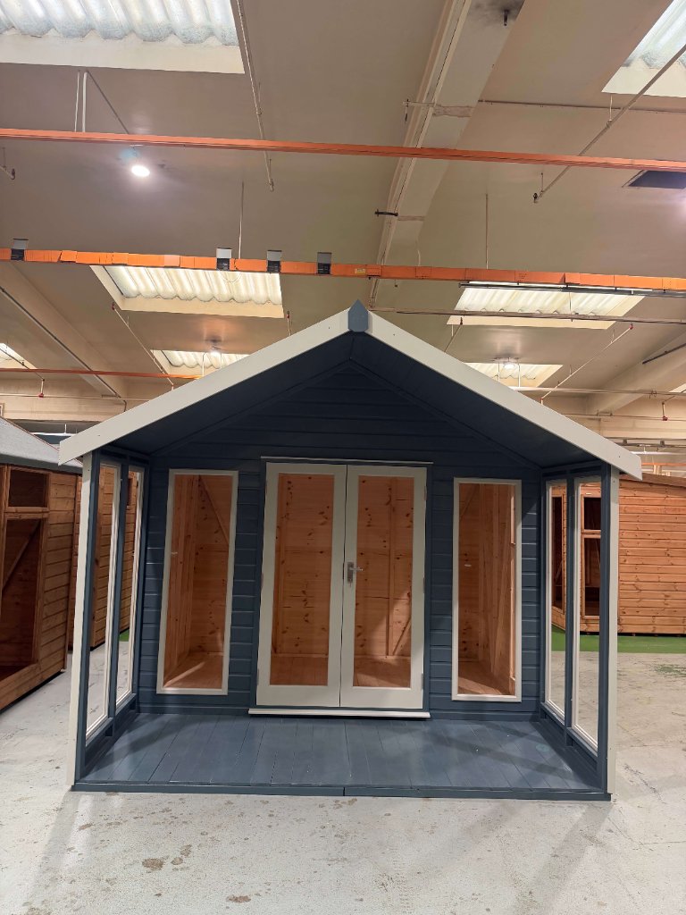 The Glasgow apex summerhouse - slate blue painted front view