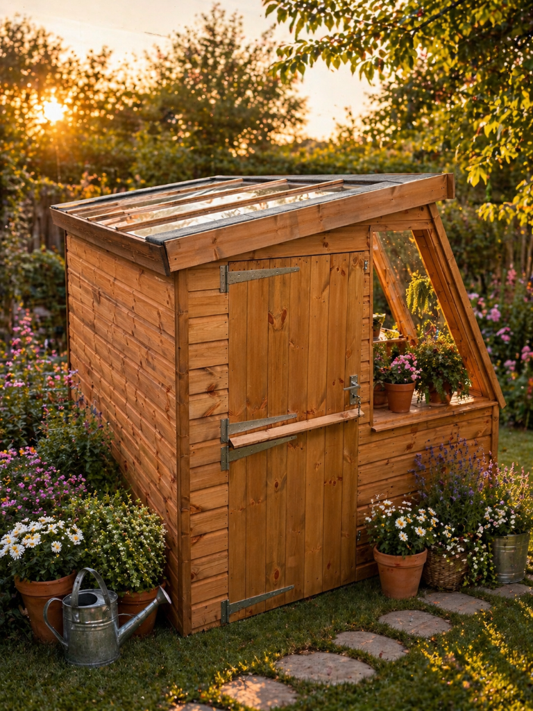 The Glastonbury glazed potting shed - back view in garden