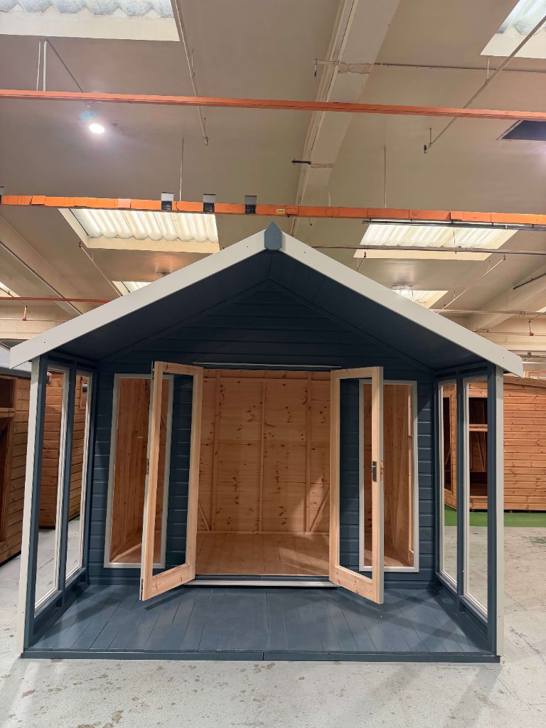 The Glasgow apex summerhouse - slate blue with double doors open