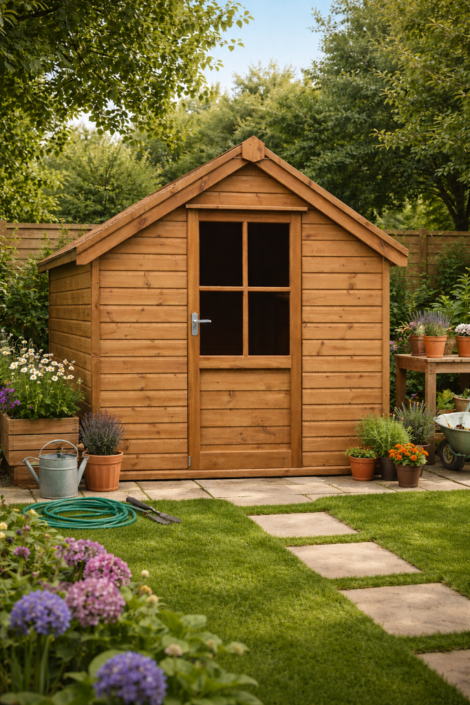 The Surrey tall apex shed - front view in garden