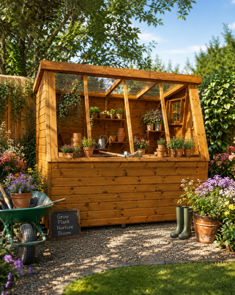 The Glastonbury glazed potting shed - side view in garden