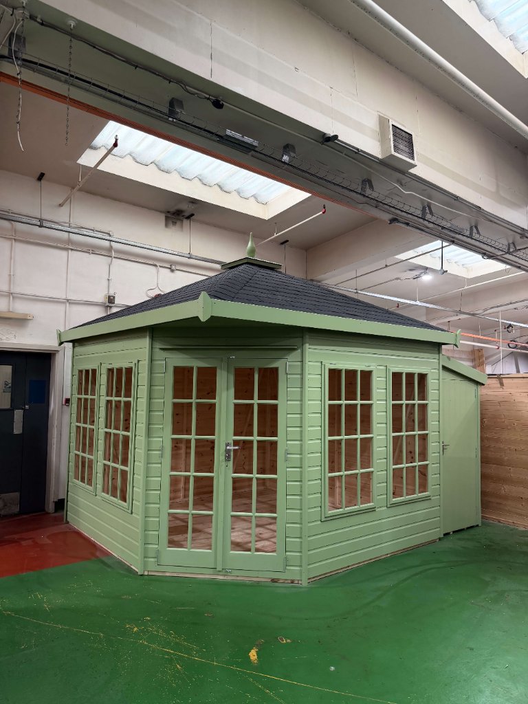 The Edinburgh hexagonal summerhouse - sage green painted exterior