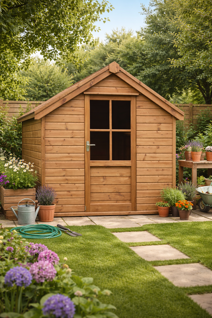 The Surrey tall apex shed - in garden with patio