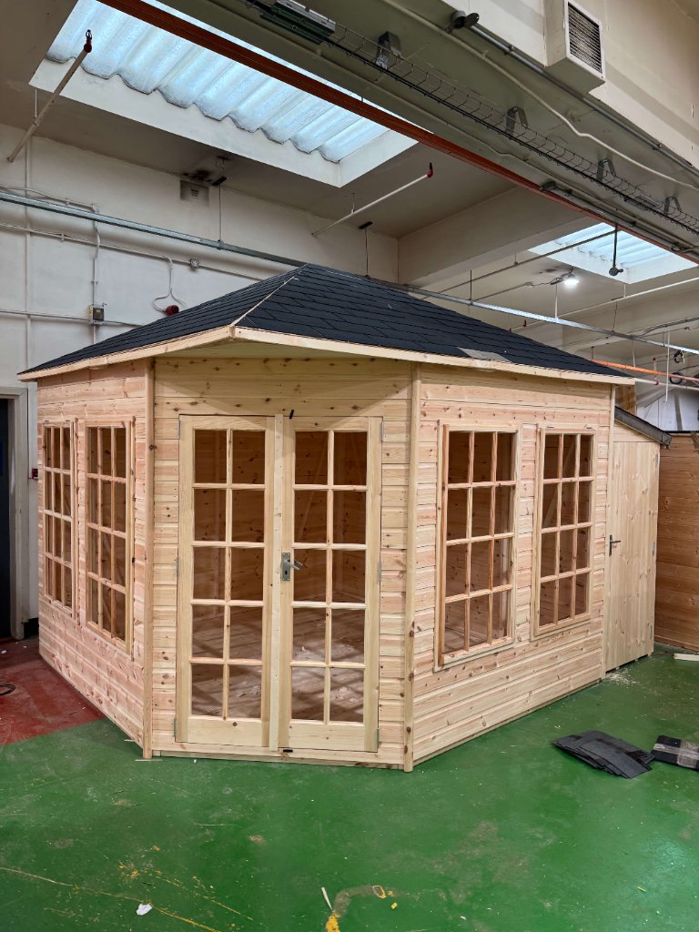 The Edinburgh hexagonal summerhouse - factory view with lean-to shed