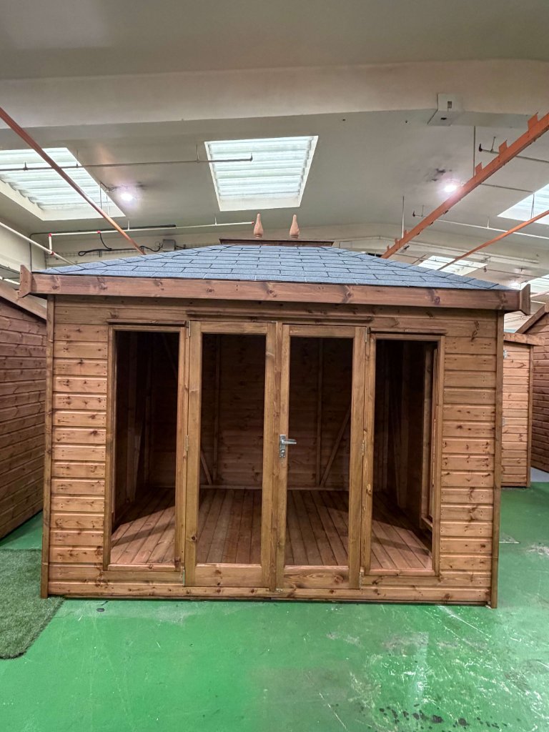 The Newport summerhouse - front view with hipped shingled roof