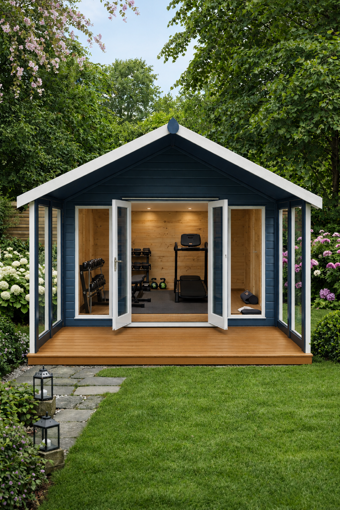 The Glasgow premium shed - open doors with gym interior