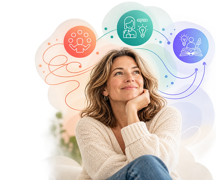 A woman looking up thoughtfully, with the Juggler, Experimenter and Author icons connected above her