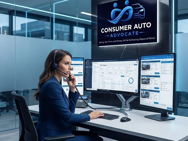Success Manager in the Consumer Auto Advocate office on the phone and computer helping a consumer virtually