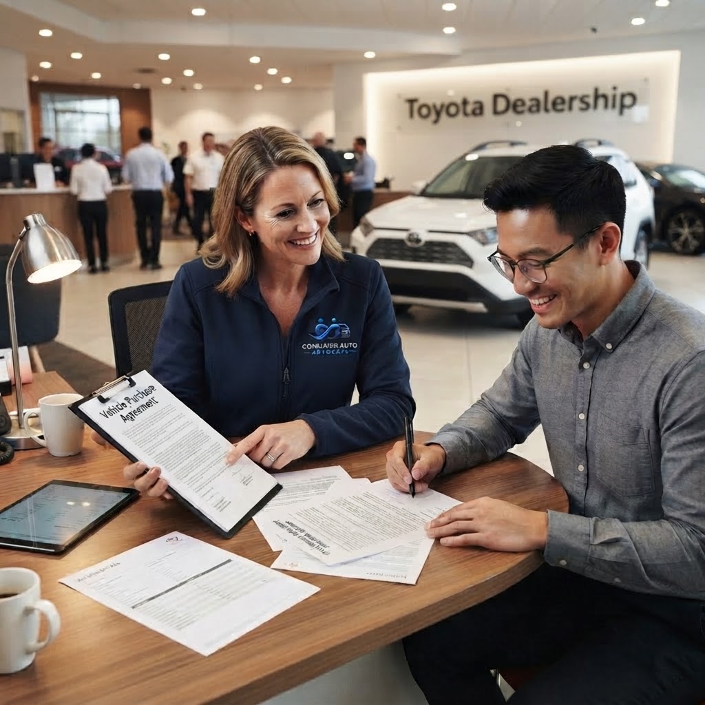 MobilePRO advocate reviewing paperwork with a customer at the dealership