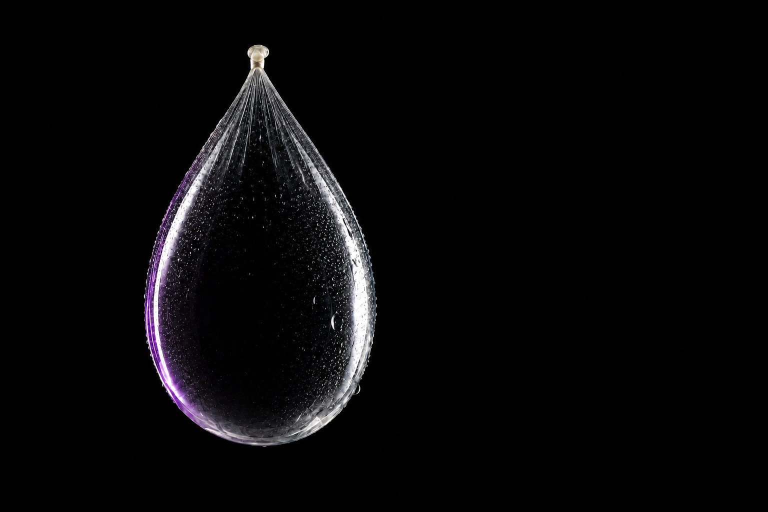 A clear water balloon stretching under the weight of the water inside.