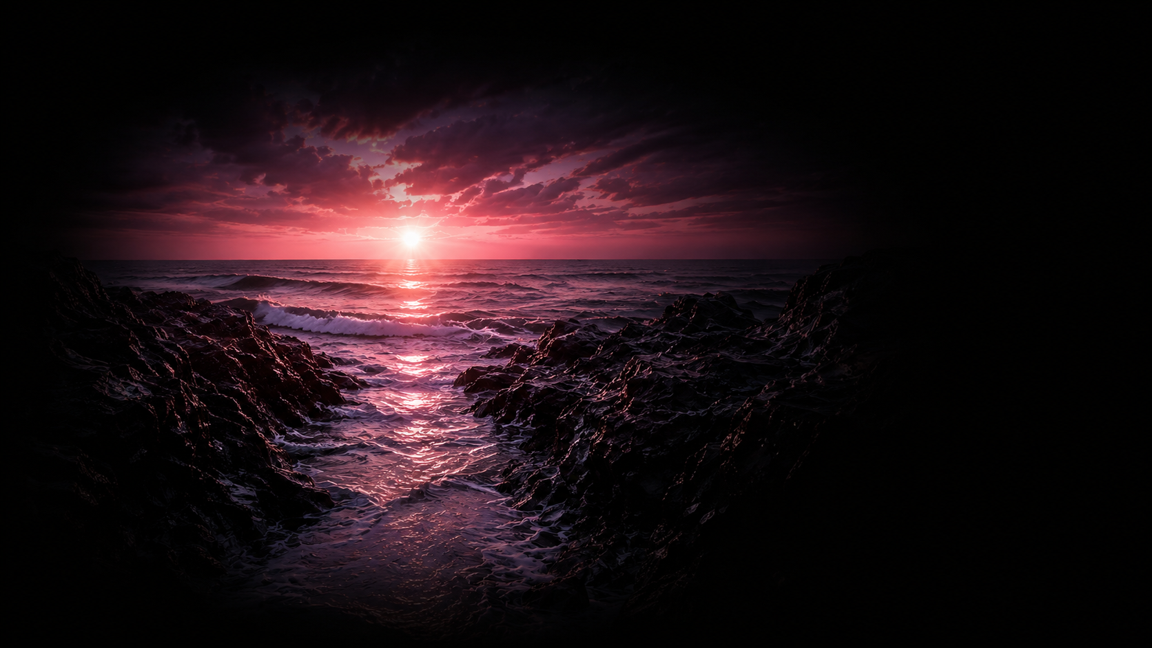 An open ocean illuminated by a hopeful pink sunrise.