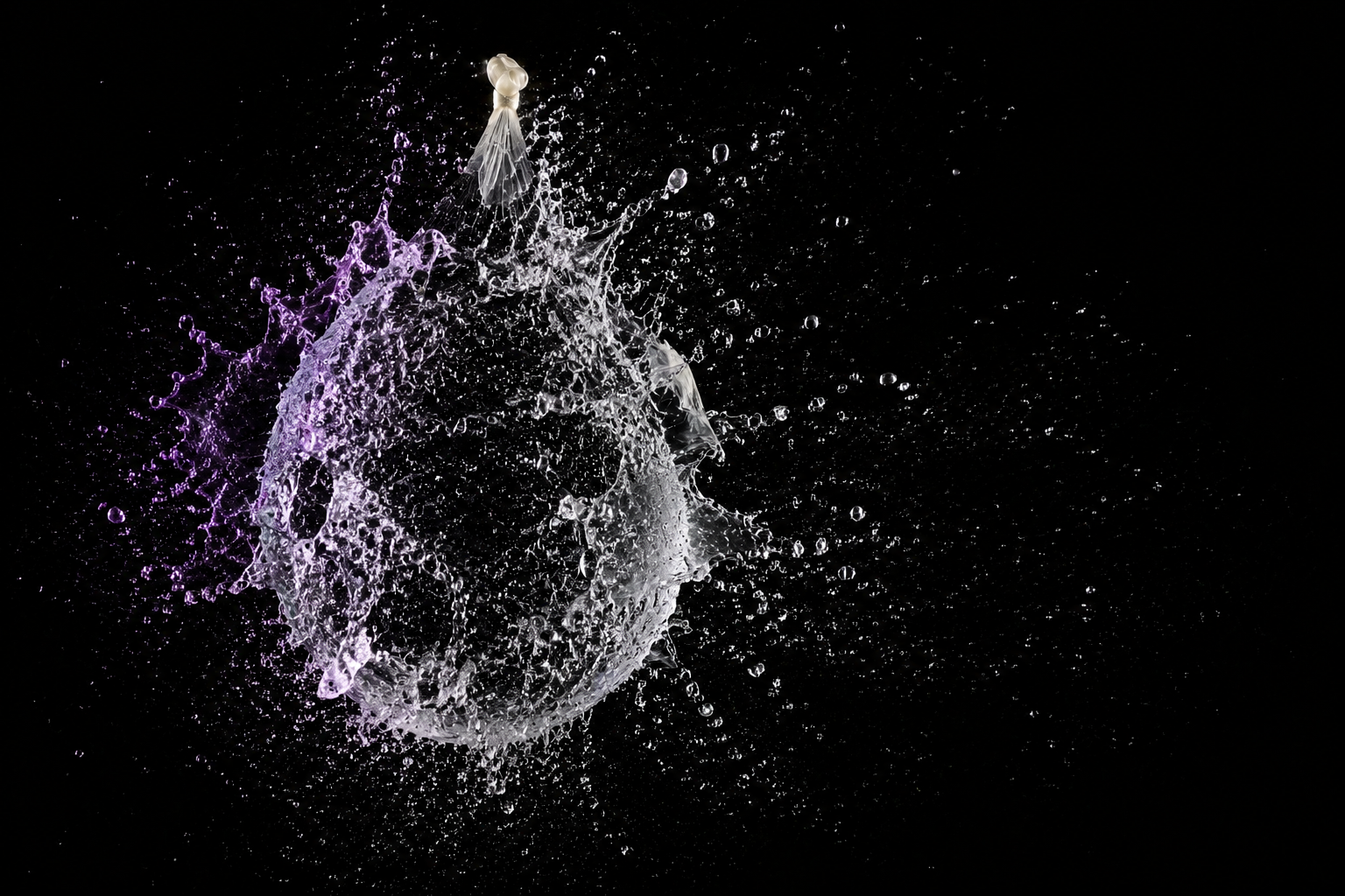 A water balloon bursting into suspended water and droplets.