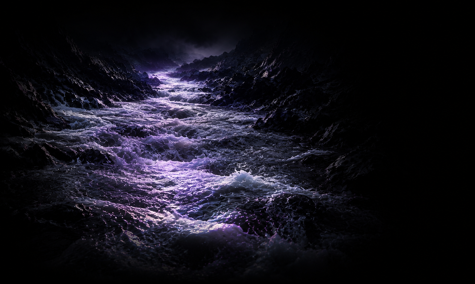 A flowing river moving confidently through dark rocks.