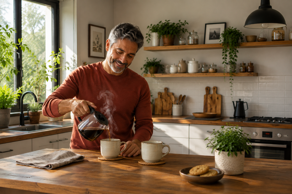 Homem servindo café em cozinha acolhedora