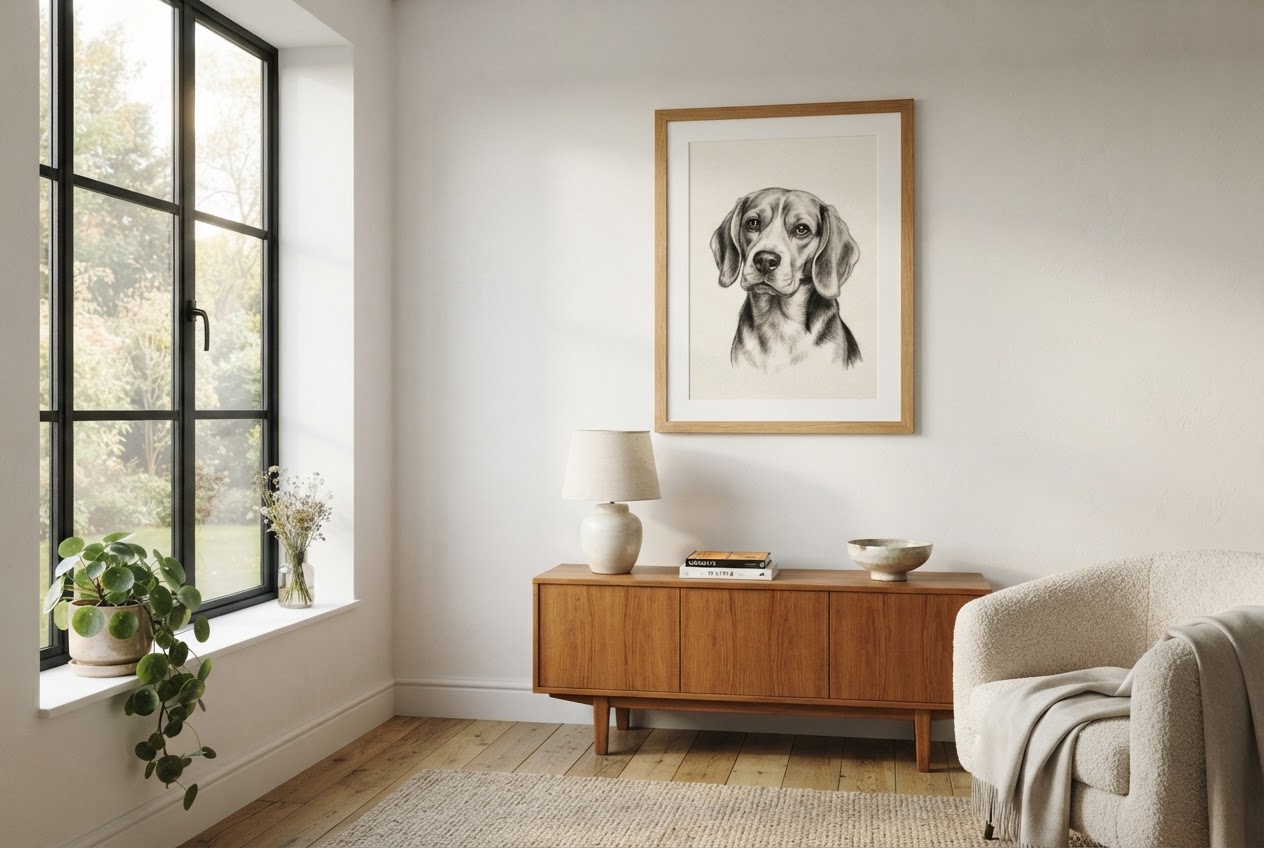 A framed charcoal dog portrait hanging on a minimalist white wall in a sunlit living room
