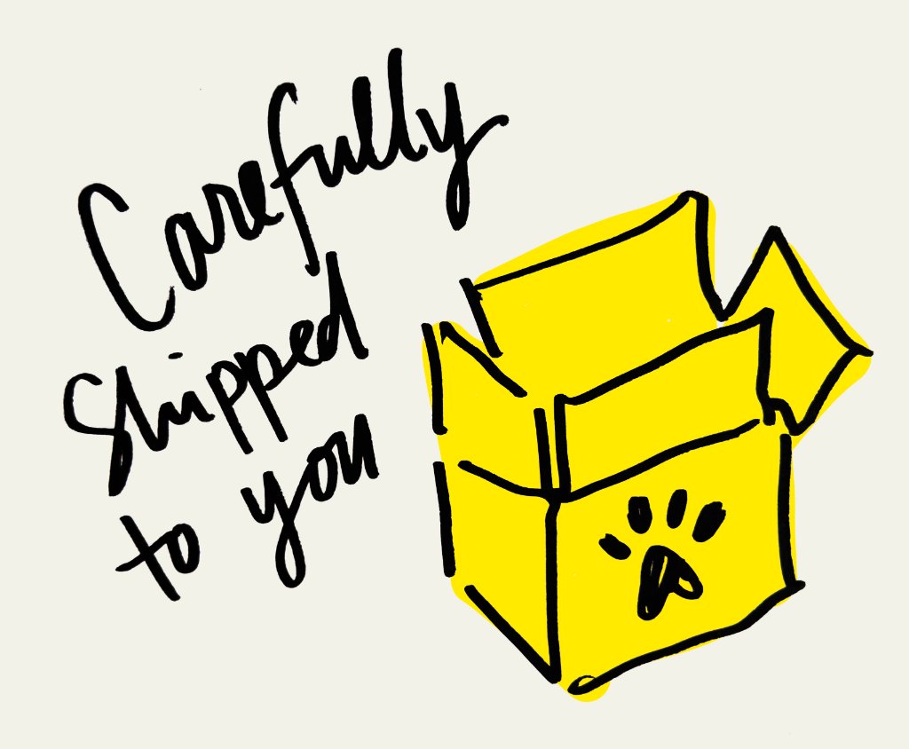 Hand-drawn illustration of a portrait being carefully shipped in a box