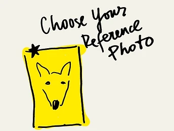 Hand-drawn sketch illustrating how to choose a reference photo for a pet portrait