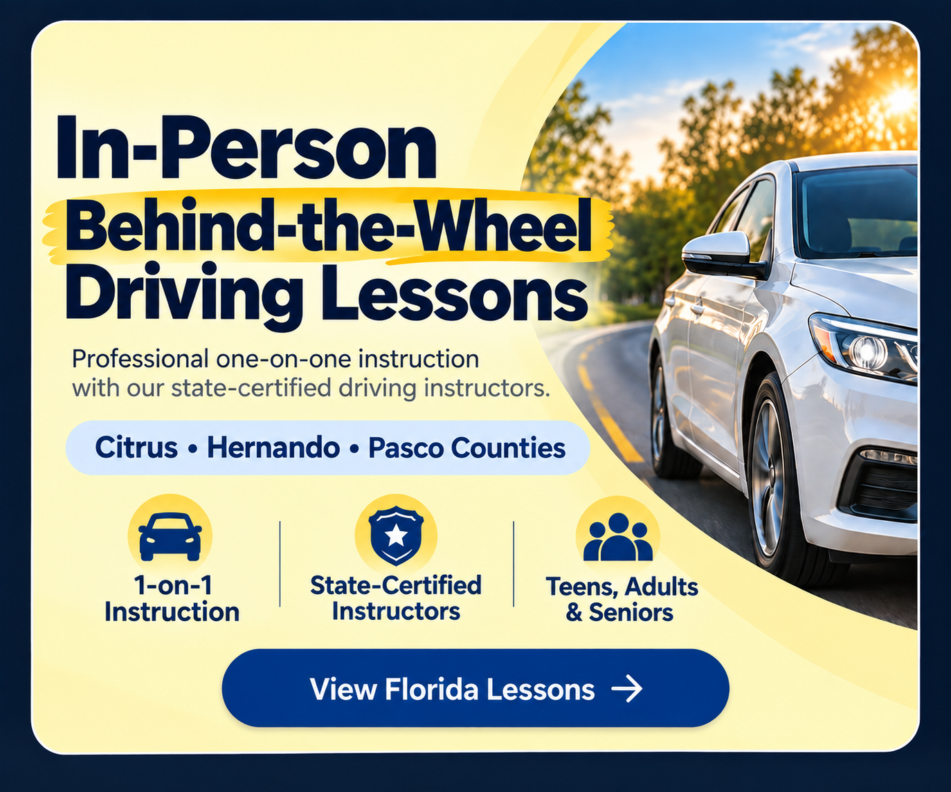 In-Person Behind-the-Wheel Driving Lessons in Citrus, Hernando, and Pasco Counties