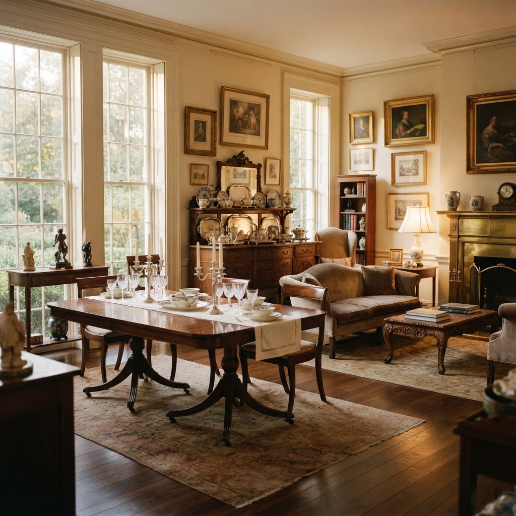 Professionally staged estate sale room with curated antiques
