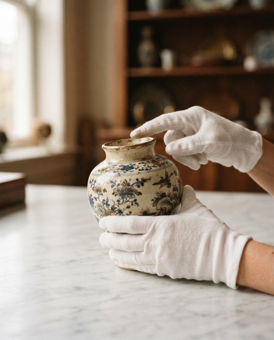Estate specialist examining fine antiques