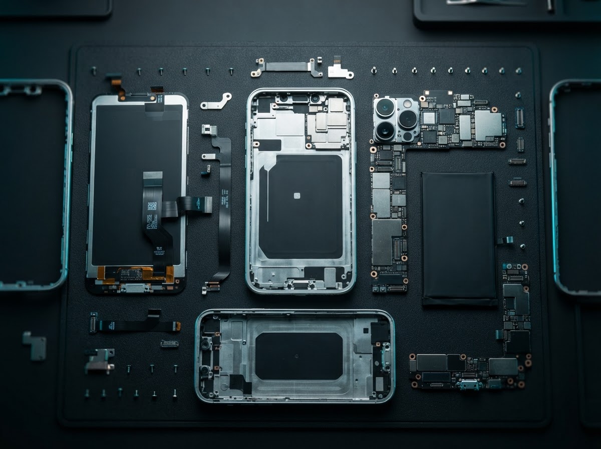 Disassembled smartphone components arranged for diagnosis