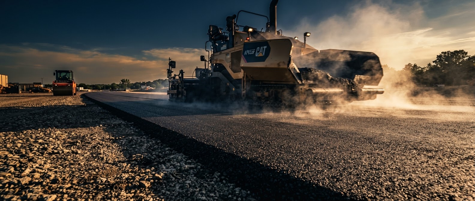 Fresh asphalt paving at golden hour
