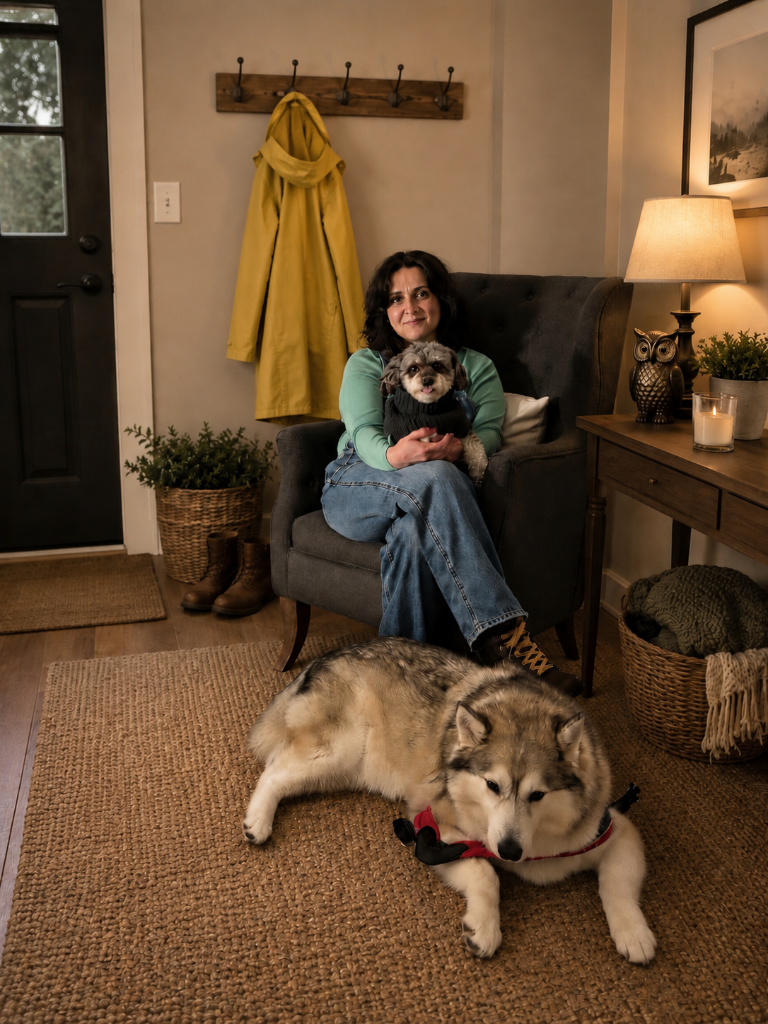 Anna seated with her dogs in a warm, cozy home