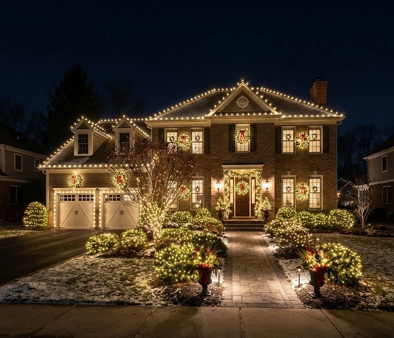 Home lit up with professional Christmas lights at night