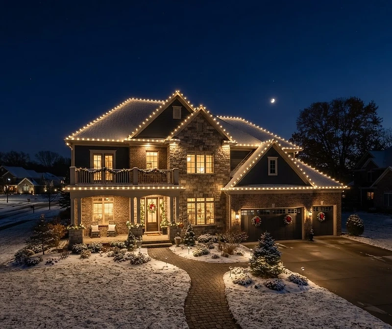 Upscale Michigan home at night with professional Christmas lights