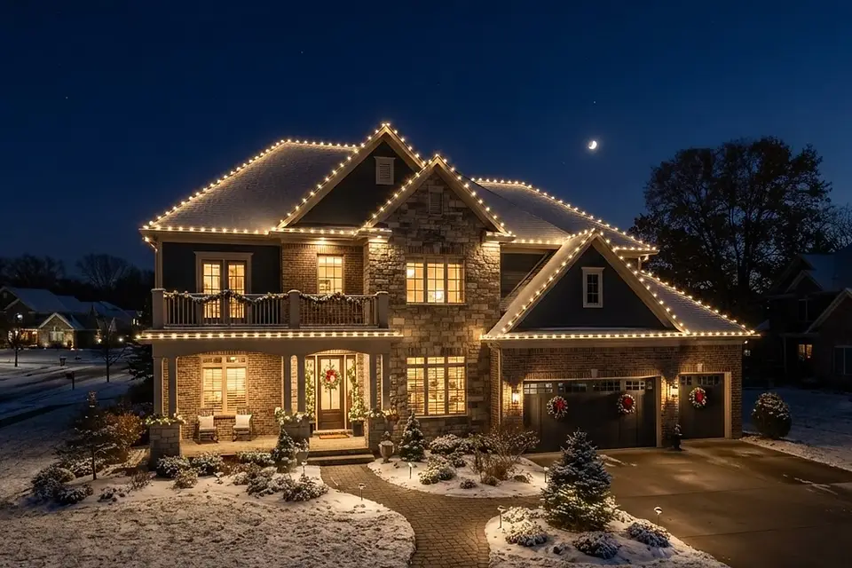Home with custom Christmas lights at night