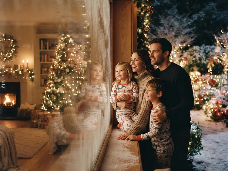 Family enjoying Christmas lights at home
