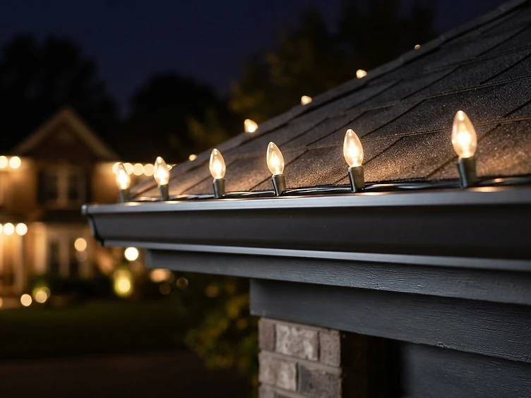 Close-up of professional Christmas light installation