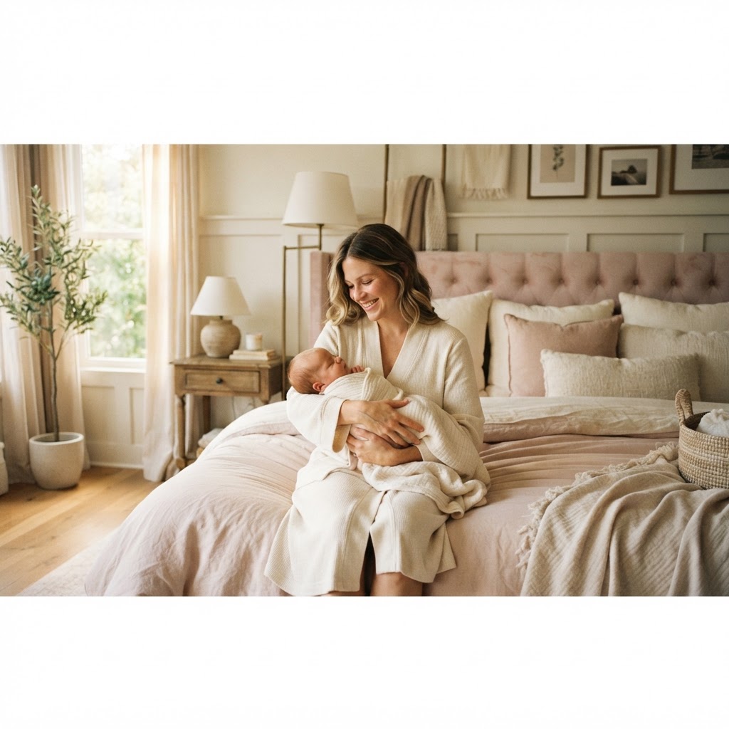 Mother holding her newborn baby in a luxury postpartum recovery setting