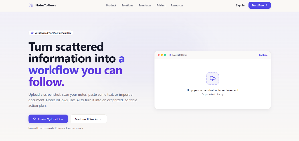 Screenshot of the NotesToFlows.com landing page