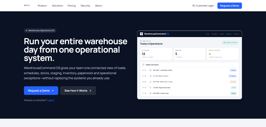 Screenshot of the WarehouseCommand.com landing page