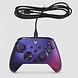 Wired Xbox controller with a purple and pink gradient design and patterned texture viewed from the front