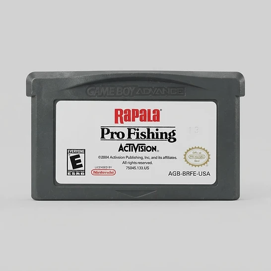 Front view of the Rapala Pro Fishing Game Boy Advance game cartridge with a white label on a grey plastic casing