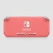 Back view of a coral Nintendo Switch Lite console with its white branding and technical markings against a grey background