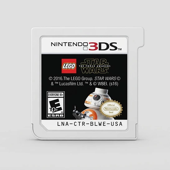 Front label of the LEGO Star Wars: The Force Awakens game cartridge for Nintendo 3DS featuring BB-8 on a black background