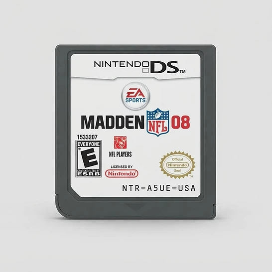 Front view of the Madden NFL 08 game cartridge for Nintendo DS with an E rating and official seal on a white label