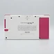Back view of a white and pink Nintendo DSi handheld console with regulatory text and battery cover visible