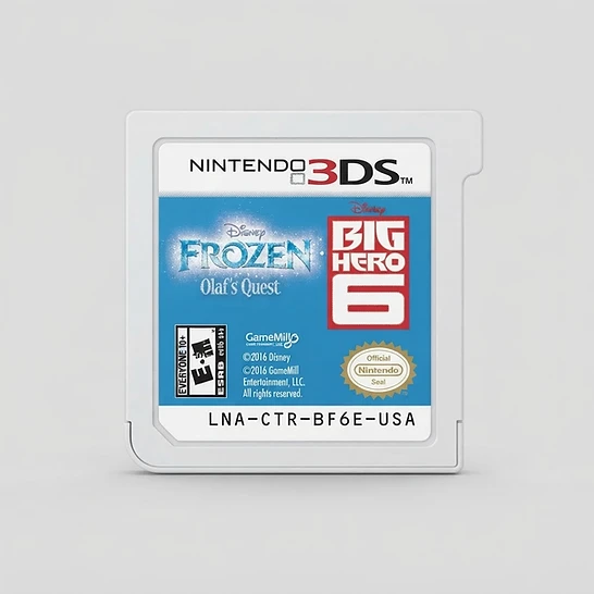 Nintendo 3DS game cartridge label for the Disney Big Hero 6 and Disney Frozen: Olaf's Quest compilation game